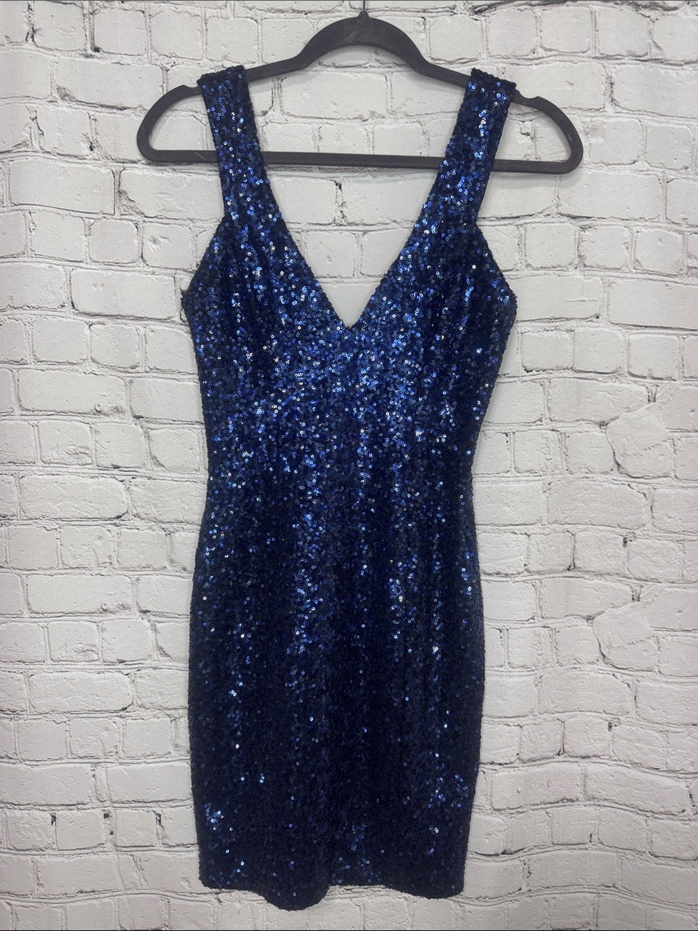 Dress the Population Blue Sequin V-Neck Bodycon Mini Dress Size S